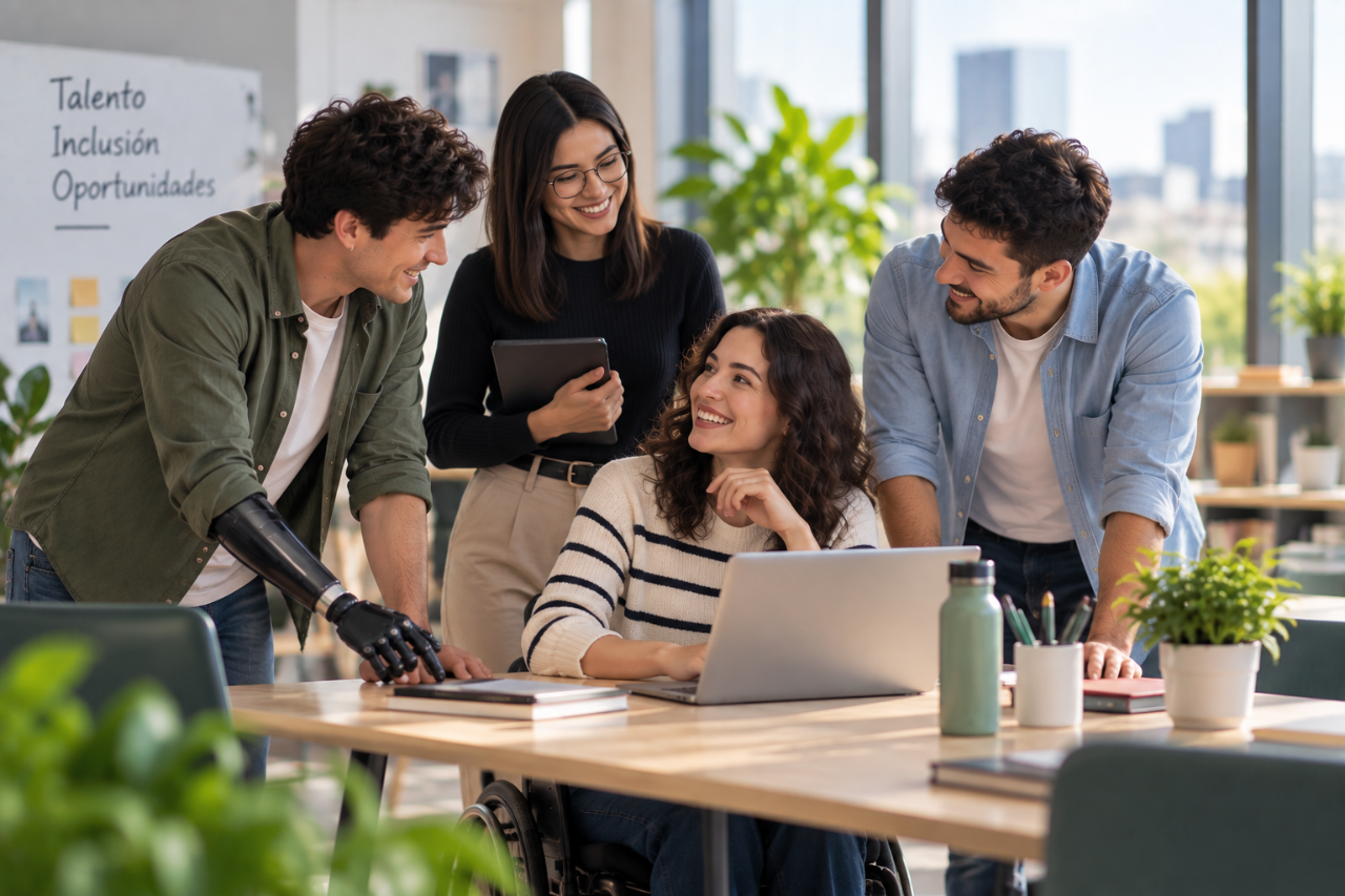 Equipo de jóvenes profesionales trabajando en una oficina inclusiva, con personas con discapacidad y diferentes perfiles colaborando.
